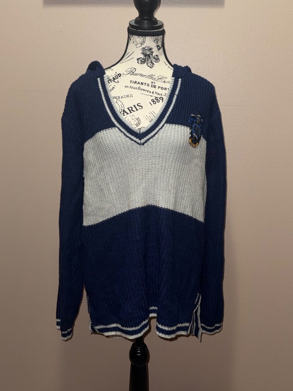 Harry Potter Ravenclaw Knit Hoodie Sweater XL Navy Gray Dark Academia Wizardcore